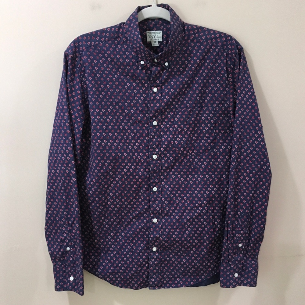 J. Crew Secret Wash Shirt Button Down Floral Blue Mens M Slim Untucked Cotton